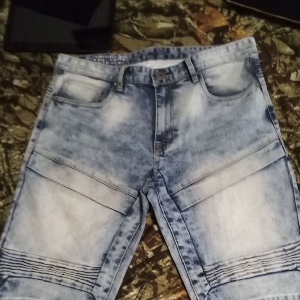 Source Unknown Blue Moto Jean Shorts with Acid Wash